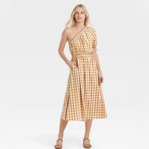 Who What Wear Women's Summer Gingham Checked Dress Honey Mustard Size Large NWT